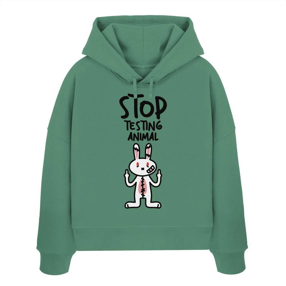 Vegan und Bio Crop Hoodie: Angry Rabbit - Animal Rights, zeigt wütendes Cartoon-Kaninchen mit STOP TESTING ANIMAL Slogan, aus 100% Bio-Baumwolle, rebellisch gegen Tierversuche.
