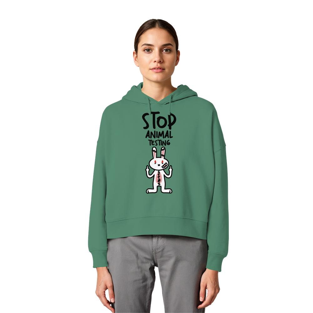 Crop-Hoodie Grün mit Kapuze und Kaninchen-Print „Stop Animal Testing“