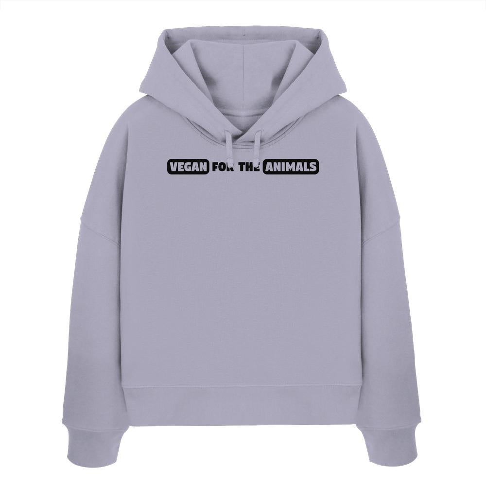 Vegan und Bio Crop Hoodie: VEGAN FOR THE ANIMALS Edition 2, mit Slogan auf der Brust, Kapuze, langen Ärmeln, aus 100% Bio-Baumwolle, rebellisches Design.