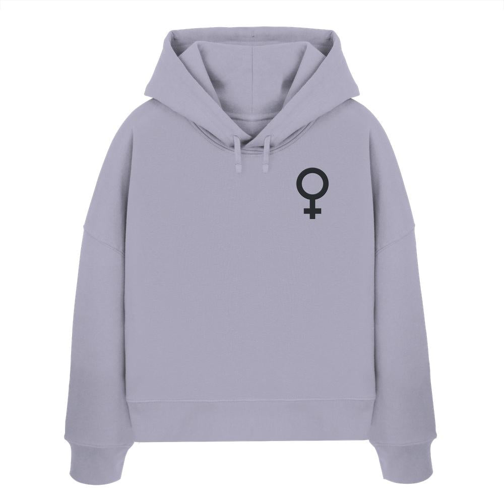 Vegan und Bio Crop Hoodie bestickt mit Venussymbol, aus 100% Bio-Baumwolle, Regular Fit, doppellagige Kapuze, flache Kordel; symbolisiert den feministischen Kampf.