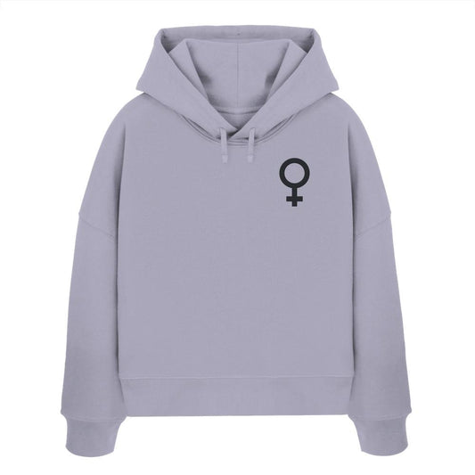 Vegan und Bio Crop Hoodie bestickt mit Venussymbol, aus 100% Bio-Baumwolle, Regular Fit, doppellagige Kapuze, flache Kordel; symbolisiert den feministischen Kampf.