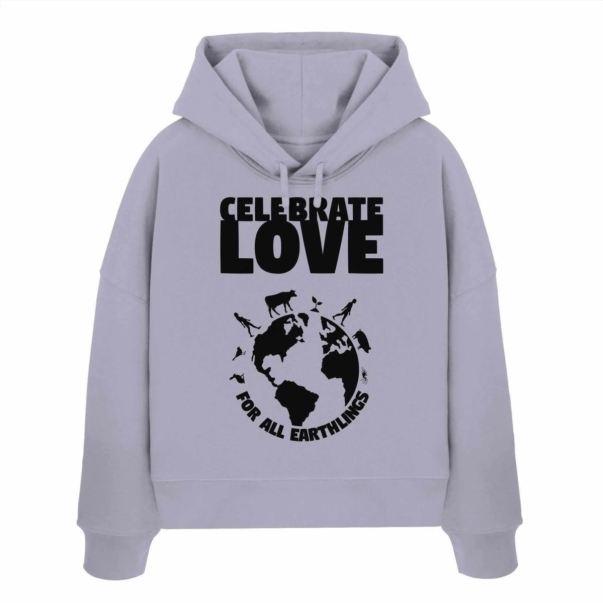 Crop-Hoodie in Hellgrau-Violett mit Kapuze, Kordeln und großem Frontprint „Celebrate Love“.