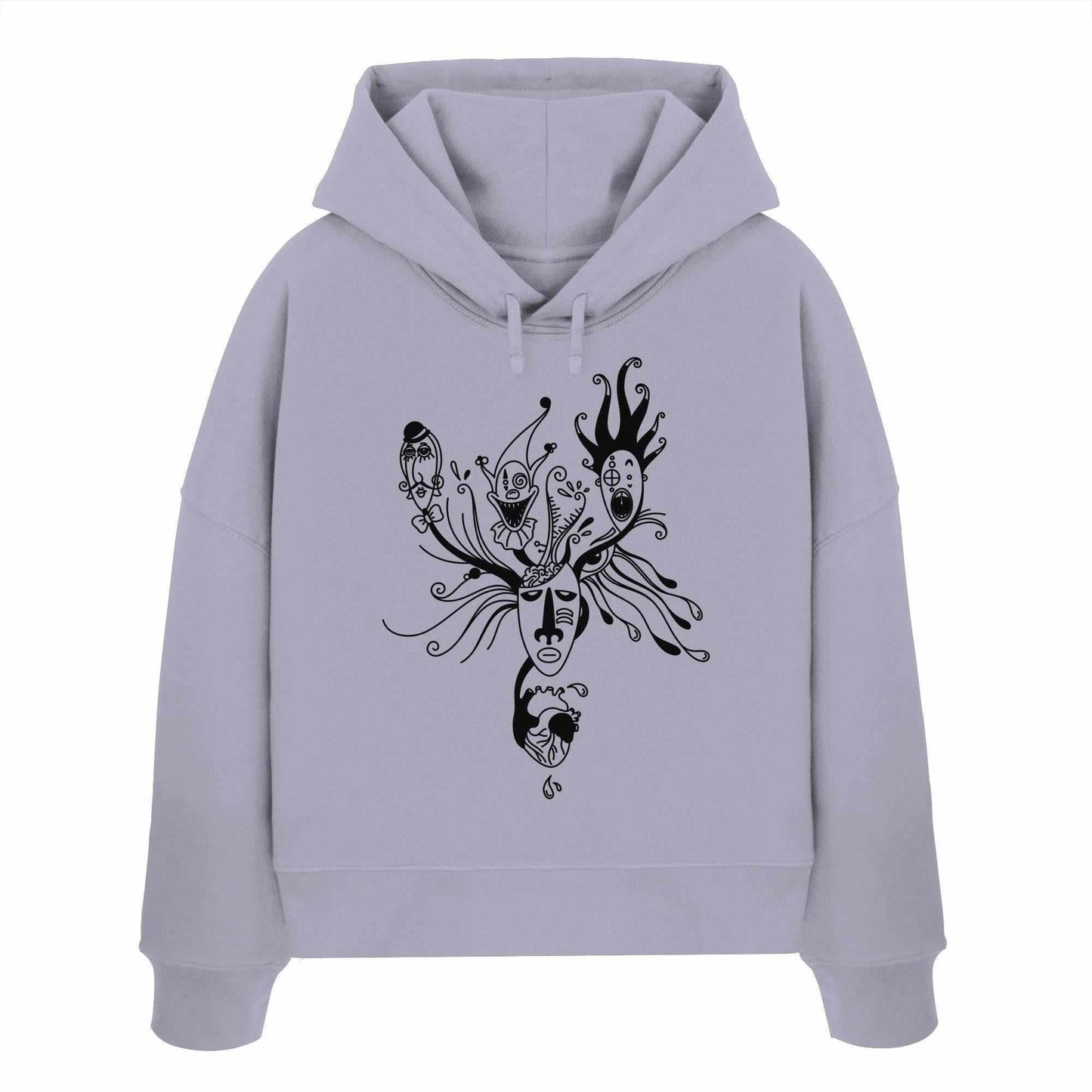 Vegan und Bio Crop Hoodie mit grafischem Design eines Gesichts, thematisiert mentale Gesundheit und individuelle Facetten. Hergestellt aus 100% Bio-Baumwolle.