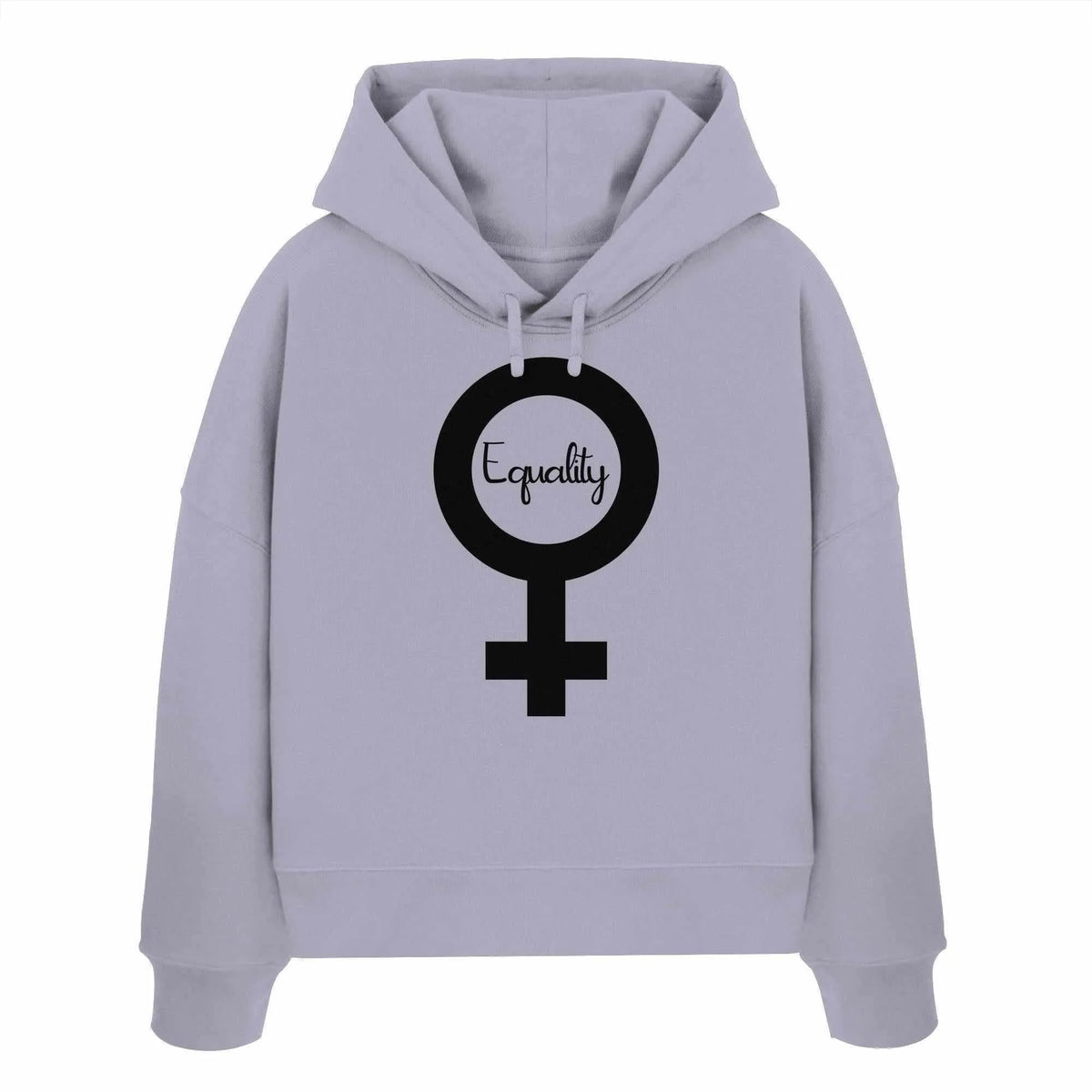 Crop-Hoodie in Helllila mit Kapuze und Kordel; großer Equality-Symbol-Druck vorn