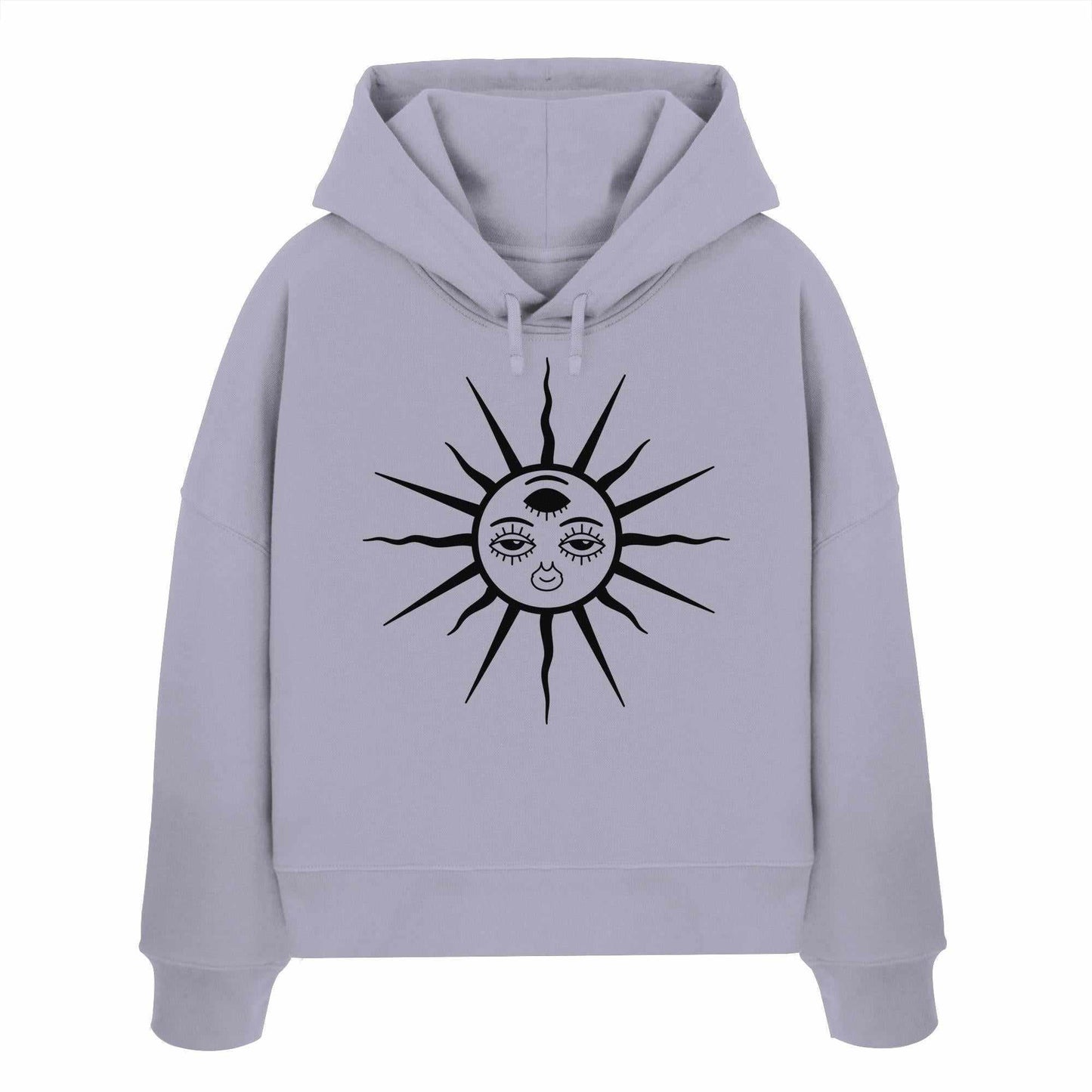 Vegan und Bio Crop Hoodie: The Sun - Third Eye Awakening, grauer Hoodie mit Ethno-Sonnenmotiv und drei Augen, aus 100% Bio-Baumwolle, ideal für Goa Raves.