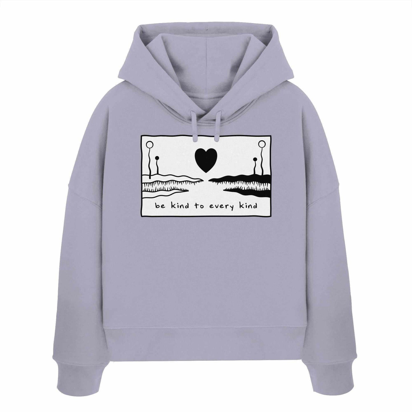 Vegan und Bio Crop Hoodie: Be kind to every kind, grauer Hoodie mit schwarzem Herz und Alligator-Design, aus 100% Bio-Baumwolle, rebellisches RUDE REBEL Design.