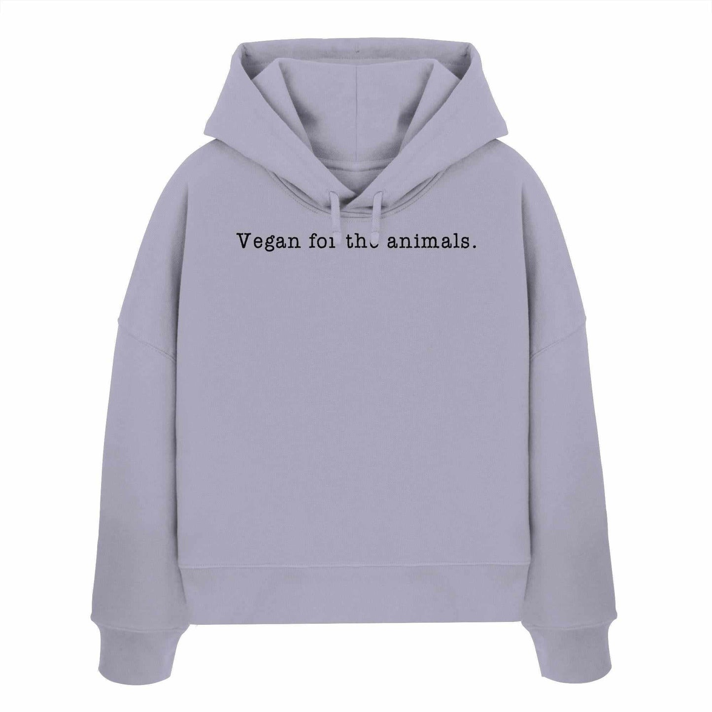 Vegan und Bio Crop Hoodie aus grauer Bio-Baumwolle mit schwarzem Text Vegan for the animals, Kapuze und regulärer Passform, ideal für nachhaltige Mode.