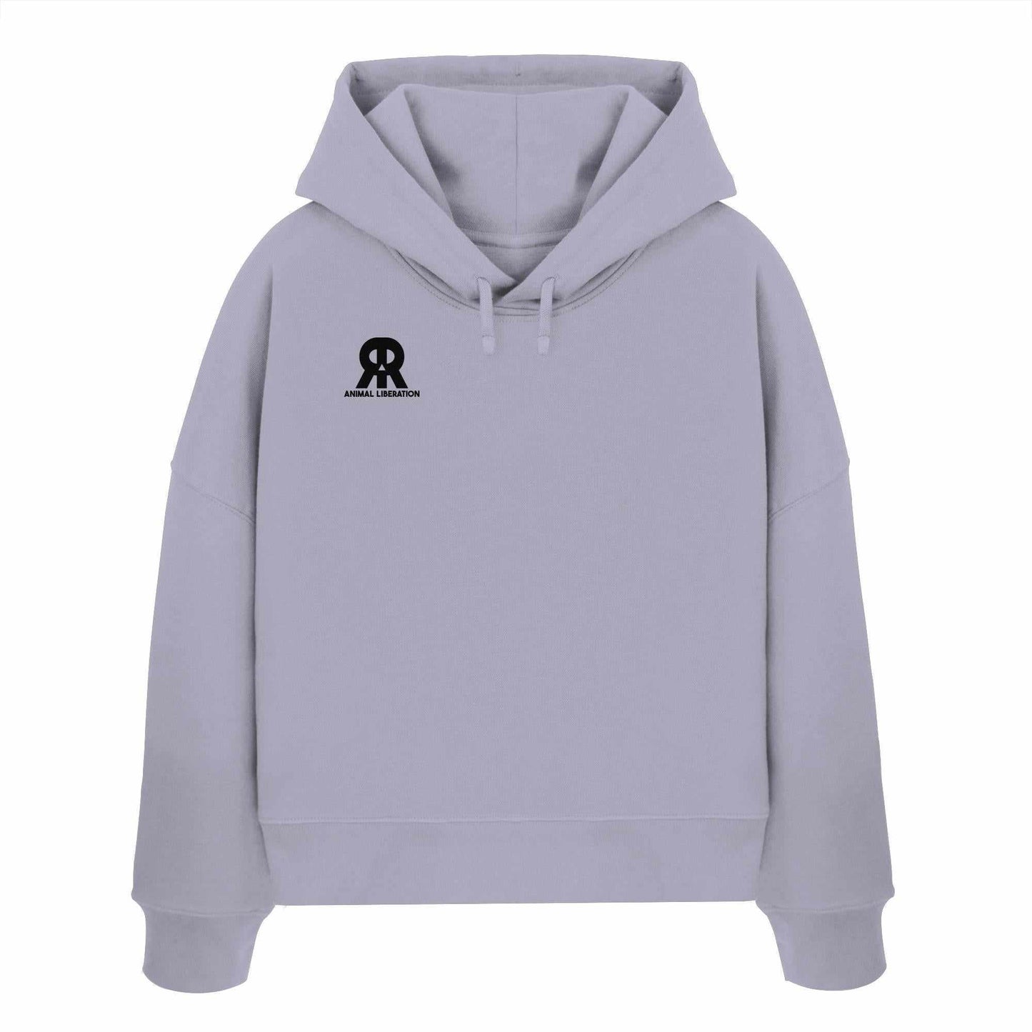 Vegan und Bio Crop Hoodie: RUDE REBEL Skull - Animal Liberation, grauer Hoodie mit schwarzem Totenkopf-Logo, doppellagige Kapuze, aus 100% Bio-Baumwolle.