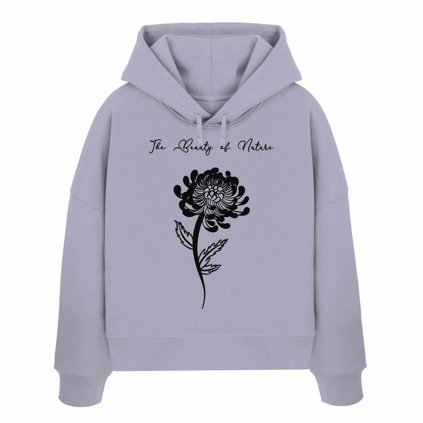 Vegan und Bio Crop Hoodie: Chrysantheme - The Beauty of Nature mit schwarzem Blumenmotiv, ideal für Naturschutzliebhaber. 100% Bio-Baumwolle, normale Passform, doppellagige Kapuze.