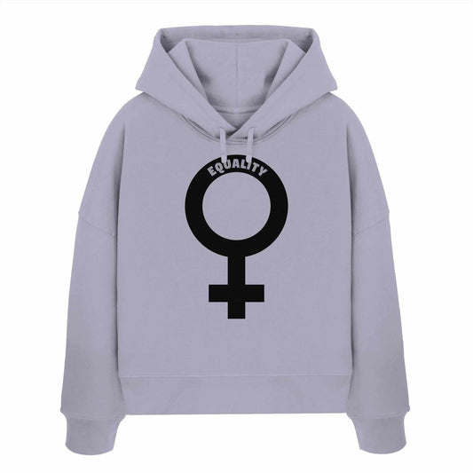 Vegan und Bio Crop Hoodie mit Venussymbol, feministisches Design. Grauer Hoodie mit schwarzem Symbol, aus 100% Bio-Baumwolle, doppellagige Kapuze, Regular Fit.