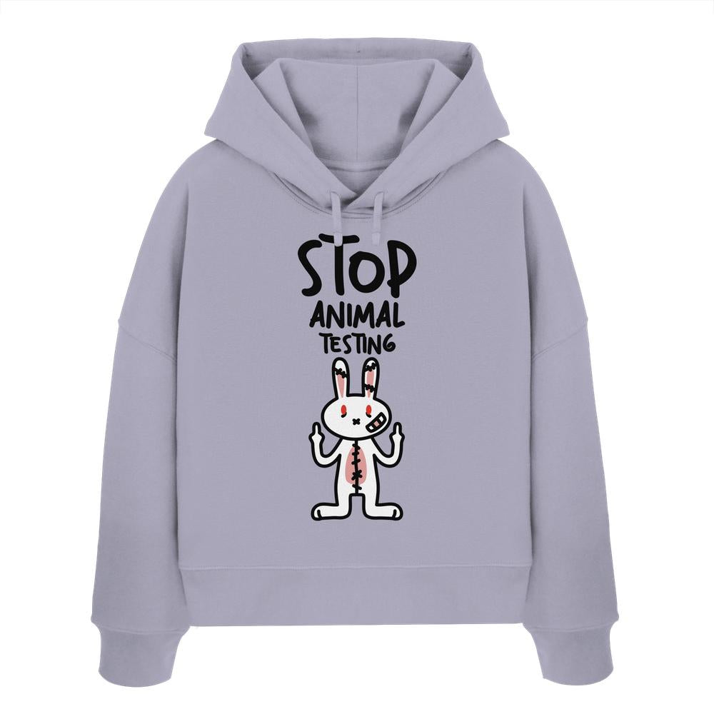 Crop-Hoodie in Hellgrau mit Kapuze, Kordelzug und Kaninchen-Print „Stop Animal Testing“
