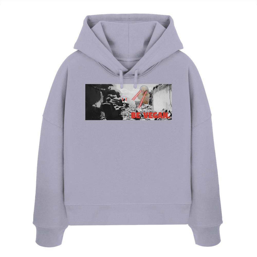 Vegan und Bio Crop Hoodie: BE VEGAN. – Lavendelfarbener Hoodie mit rebellischem Grafikdruck und Botschaft über Tierrechte, aus 100% Bio-Baumwolle, designed von RUDE REBEL.