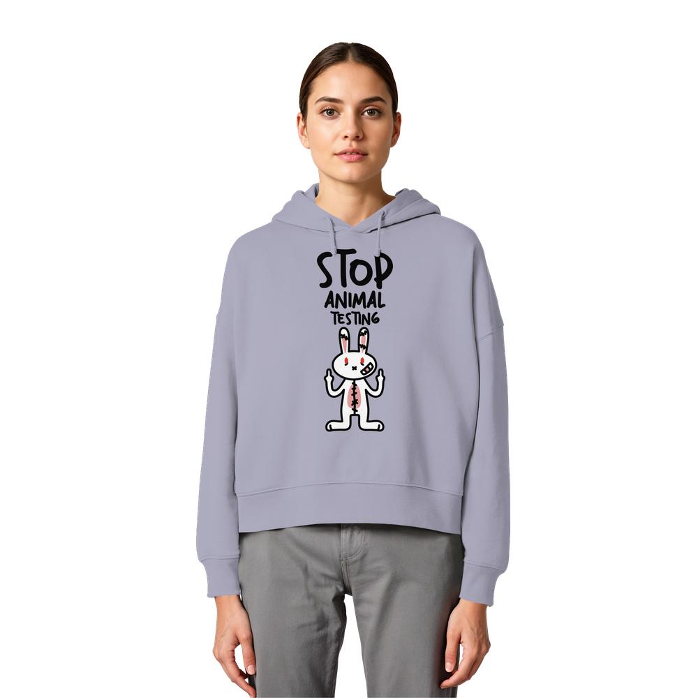 Crop-Hoodie Hellgrau mit Kapuze und Kaninchen-Print „Stop Animal Testing“