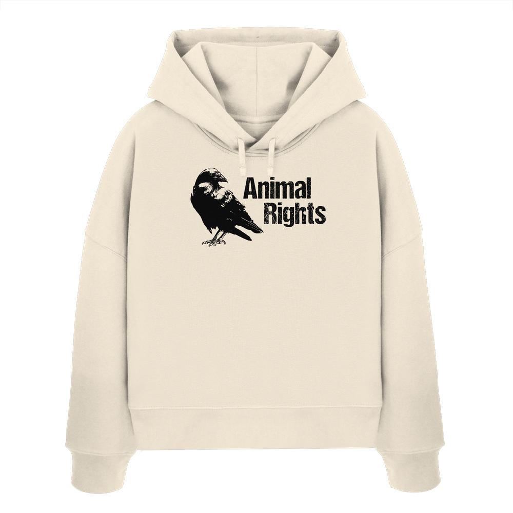 Vegan und Bio Crop Hoodie: Raven - Animal Rights, hellbeige mit schwarzer Vogelsilhouette und Animal Rights-Schriftzug, 100% Bio-Baumwolle, Regular Fit, doppellagige Kapuze.