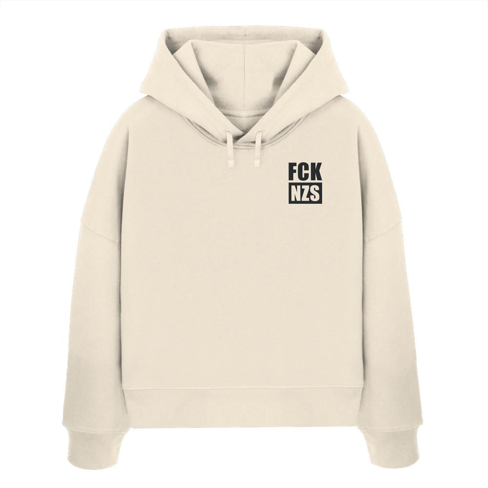 Vegan und Bio Crop Hoodie bestickt: FCK NZS - Women’s Organic Boxcut Hoodie, beige mit schwarzem Slogan links auf der Brust, aus 100% Bio-Baumwolle, von RUDE REBEL.
