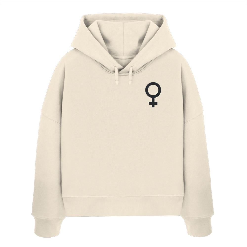 Vegan und Bio Crop Hoodie bestickt: Das Venussymbol - der feministische Kampf, auf einem hellbeigen Hoodie mit Kapuze und abfallenden Schultern, aus 100% Bio-Baumwolle.