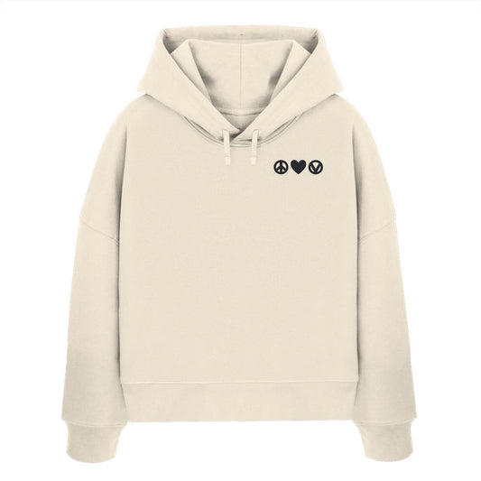 Vegan und Bio Crop Hoodie bestickt: Peace - Love - Veganism zeigt drei Symbole auf der Brust, gefertigt aus 100% Bio-Baumwolle, ideal für nachhaltige, vegane Mode.