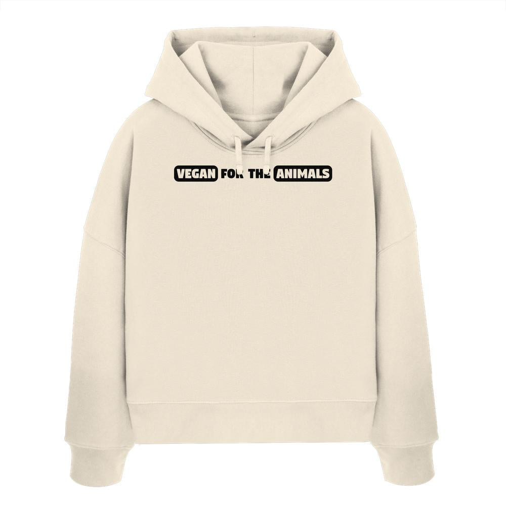 Vegan und Bio Crop Hoodie: VEGAN FOR THE ANIMALS Edition 2, ein hellbeiger Hoodie mit schwarzem Schriftzug, aus 100% Bio-Baumwolle, rebellisches Design von RUDE REBEL.
