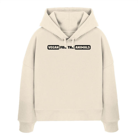 Vegan und Bio Crop Hoodie: VEGAN FOR THE ANIMALS Edition 2, ein hellbeiger Hoodie mit schwarzem Schriftzug, aus 100% Bio-Baumwolle, rebellisches Design von RUDE REBEL.