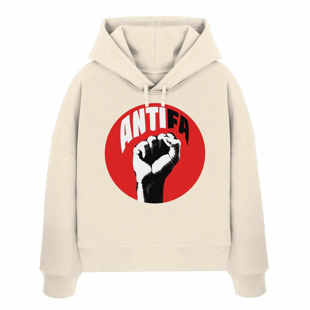 Cremefarbener Crop-Hoodie mit Kapuze, Kängurutasche und ANTIFA-Print im roten Kreis