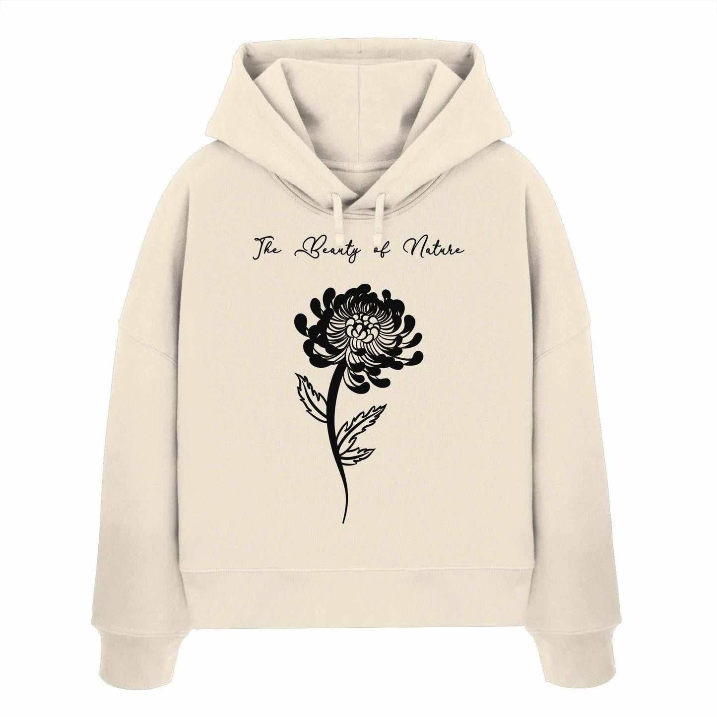 Vegan und Bio Crop Hoodie: Chrysantheme - Weißer Hoodie mit schwarzem Blumenmotiv, doppellagiger Kapuze und flacher Kordel, aus 100% Bio-Baumwolle, Regular Fit.