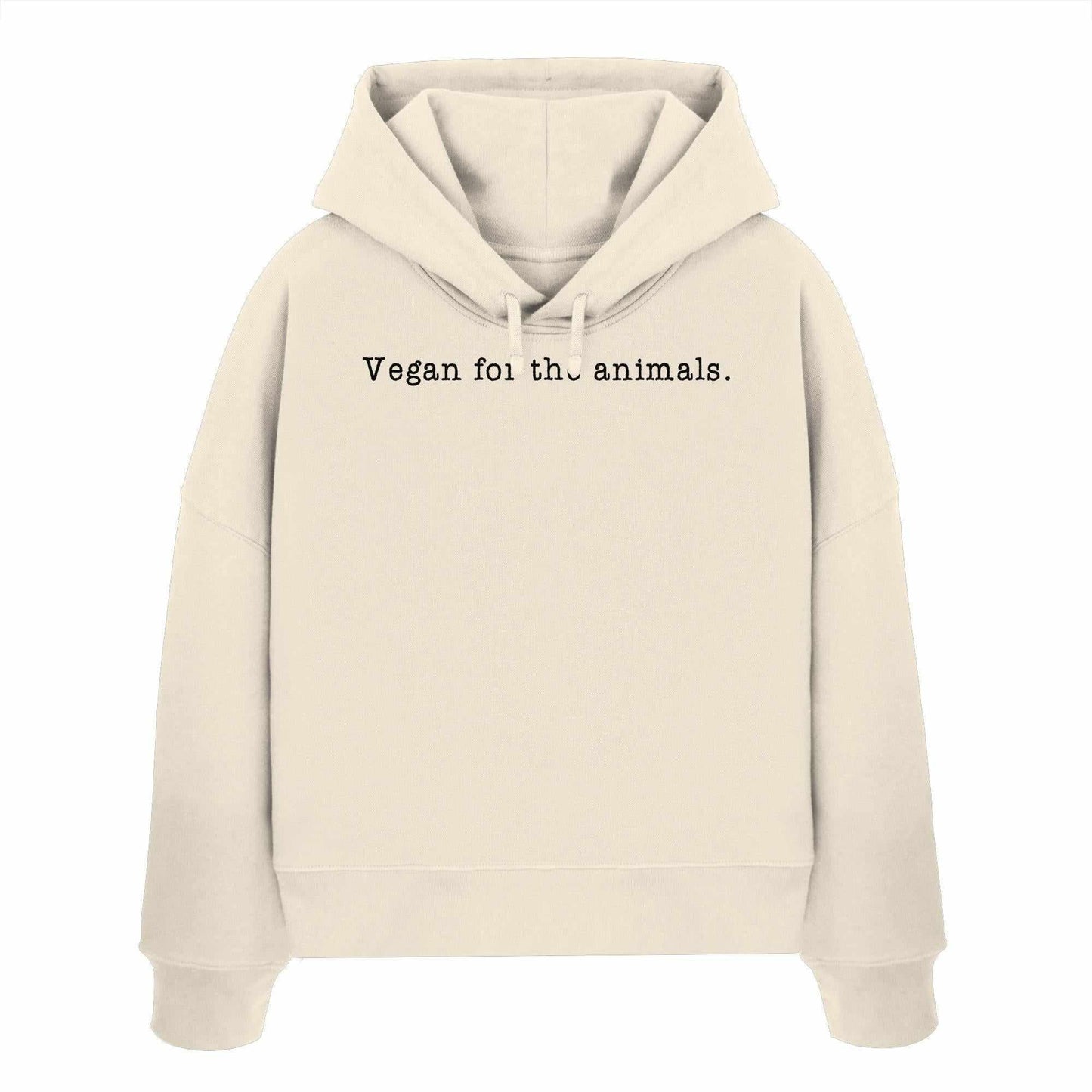 Vegan und Bio Crop Hoodie mit minimalistischem Design, zeigt schwarzen Text „Vegan for the animals“. Hergestellt aus Bio-Baumwolle, reguläre Passform, doppellagige Kapuze.