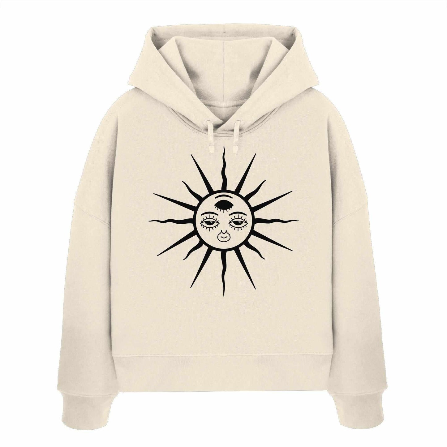 Vegan und Bio Crop Hoodie: The Sun - Third Eye Awakening mit dreiaugiger Sonnenzeichnung auf der Vorderseite, aus 100% Bio-Baumwolle, ideal für Goa Raves.