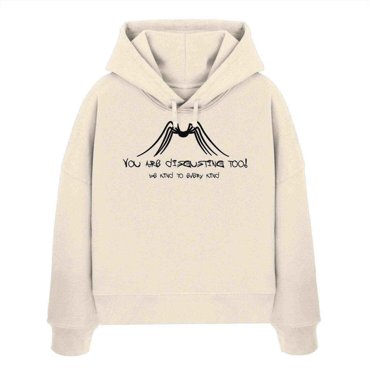 Vegan und Bio Crop Hoodie mit schwarzem Text und Spinnenmotiv aus 100% Bio-Baumwolle, betont den Schutz von Insekten und Tierrechte.