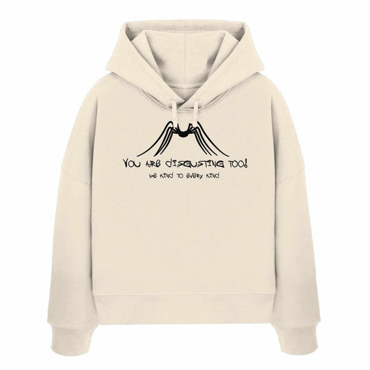 Vegan und Bio Crop Hoodie mit schwarzem Text und Spinnenmotiv aus 100% Bio-Baumwolle, betont den Schutz von Insekten und Tierrechte.