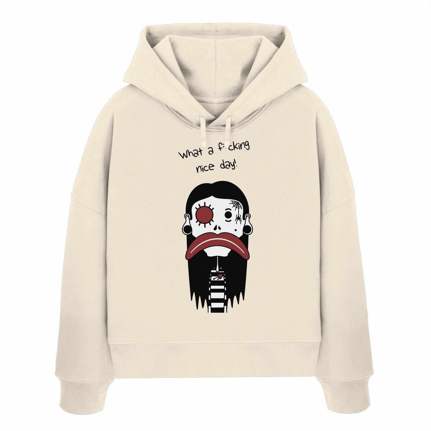 Vegan und Bio Crop Hoodie: Mental health – Bad Day. Weißer Hoodie mit Cartoonfigur, doppellagiger Kapuze, aus 100% Bio-Baumwolle, rebellisches Design von RUDE REBEL.