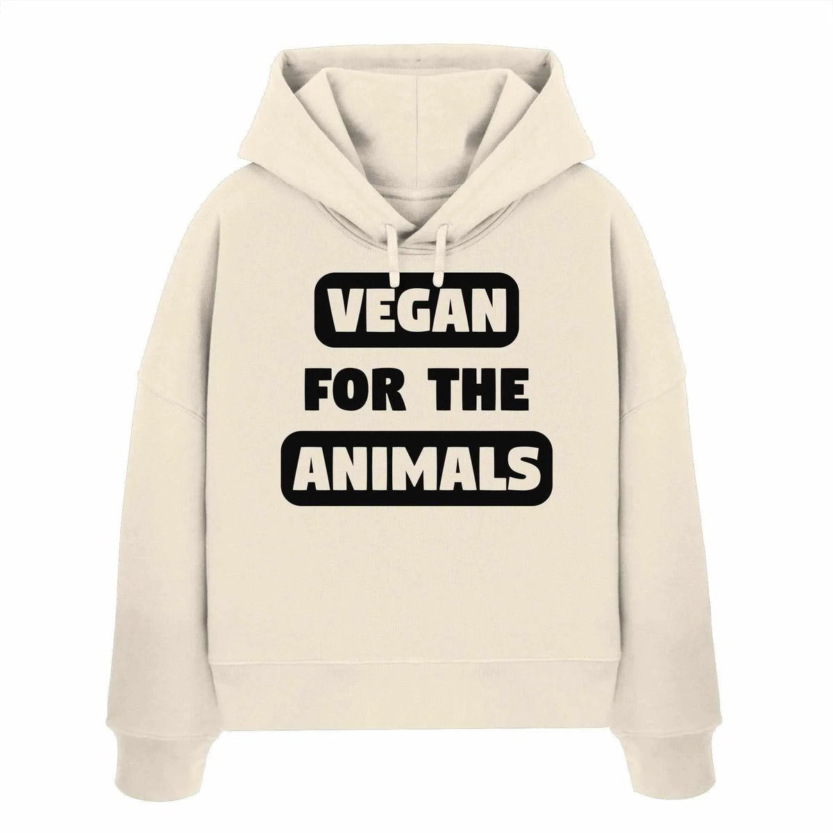 Hellbeiger Crop-Hoodie mit Kapuze, Kordelzug und großem „VEGAN FOR THE ANIMALS“-Print