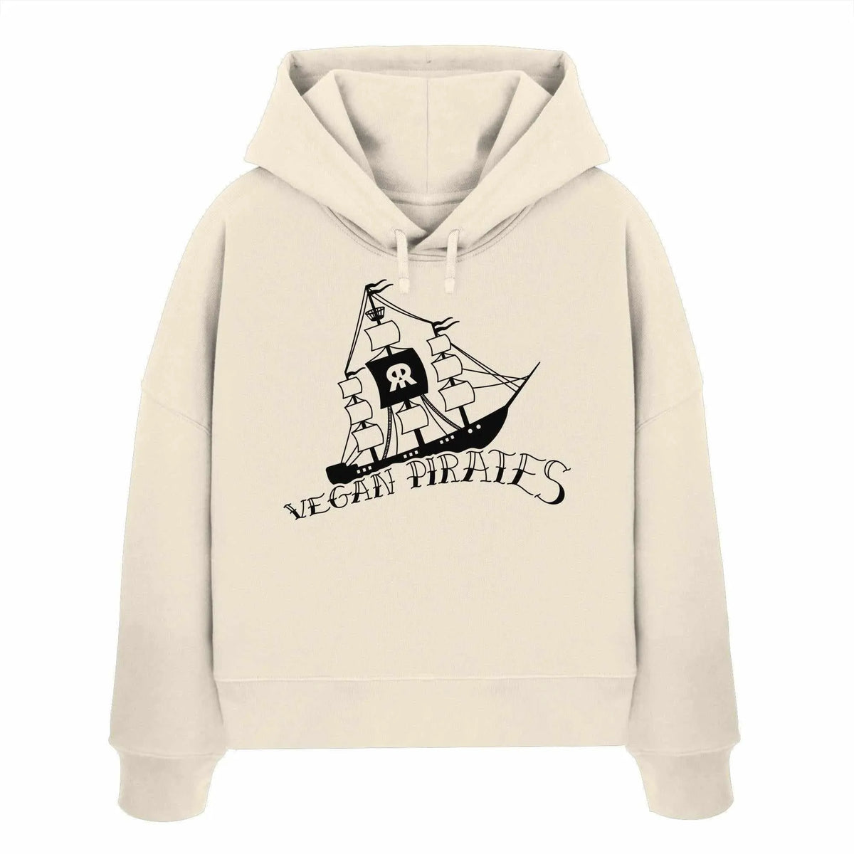 Veganes Bio-Crop-Hoodie mit Kapuze und Kordelzug, Frontprint Piratenschiff, naturbeige