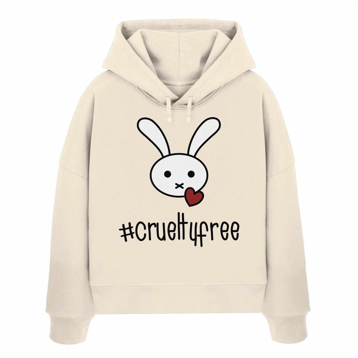 Vegan und Bio Crop Hoodie: Crueltyfree Bunny BIG, weißer Hoodie mit Cartoon-Hasen, aus 100% Bio-Baumwolle, Regular Fit, doppellagige Kapuze, flache Kordel.