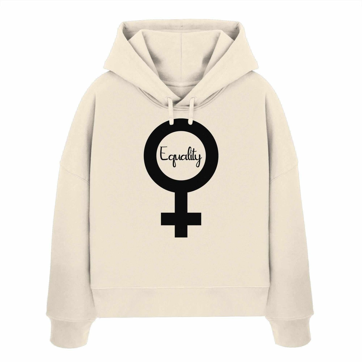 Vegan und Bio Crop Hoodie: Feminismus - Der Kampf um Gleichberechtigung, weiß mit schwarzem Symbol, doppellagige Kapuze, Bio-Baumwolle, abfallende Schultern.