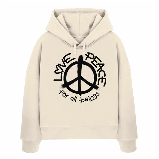 Vegan und Bio Crop Hoodie mit Peace-Symbol, doppellagige Kapuze, aus 100% Bio-Baumwolle, rebellisches Design von RUDE REBEL.