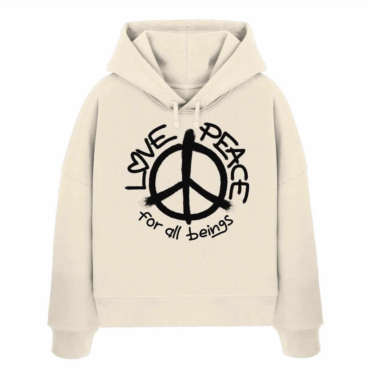 Crop-Hoodie in Naturfarben mit Peace-Logo und Kordelzug am Kapuzenrand