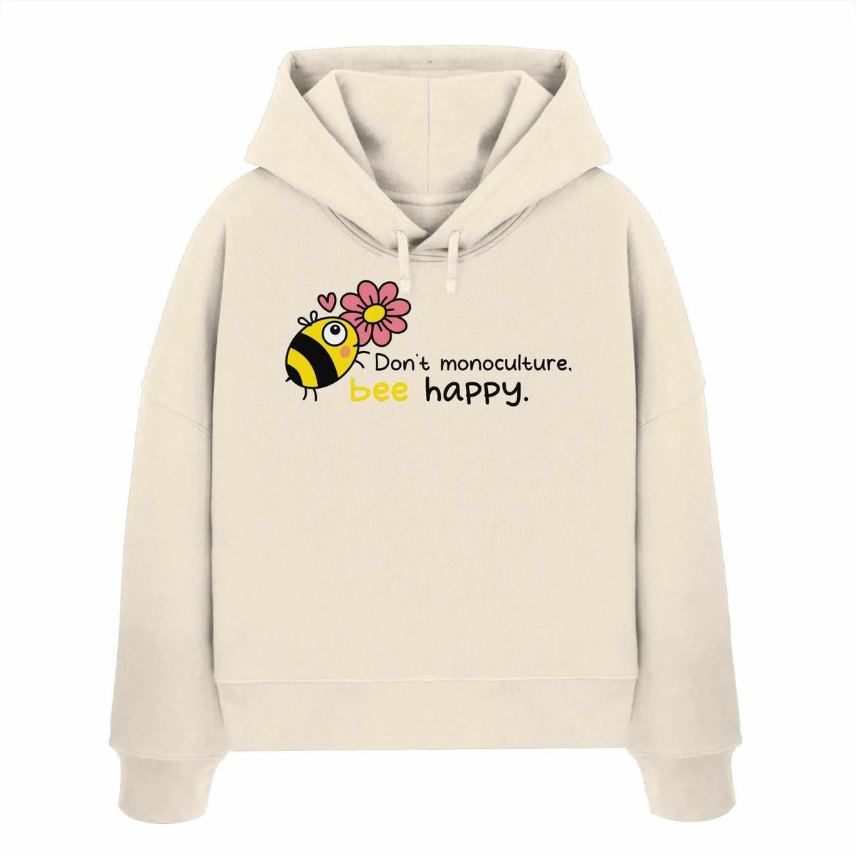 Hellbeiger Crop-Hoodie mit Kapuze, Kordelzug und Bienen-Print auf der Vorderseite