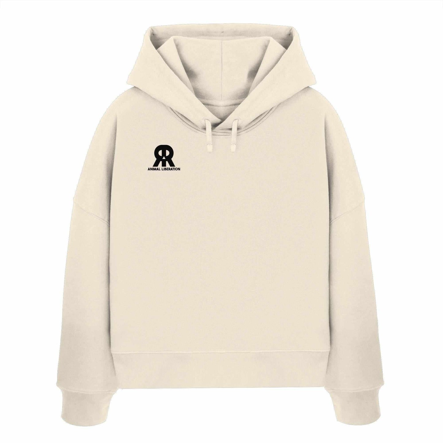 Vegan und Bio Crop Hoodie: RUDE REBEL Skull - Animal Liberation, weißer Hoodie mit schwarzem Totenkopf-Logo, aus 100% Bio-Baumwolle, rebellisches Design.