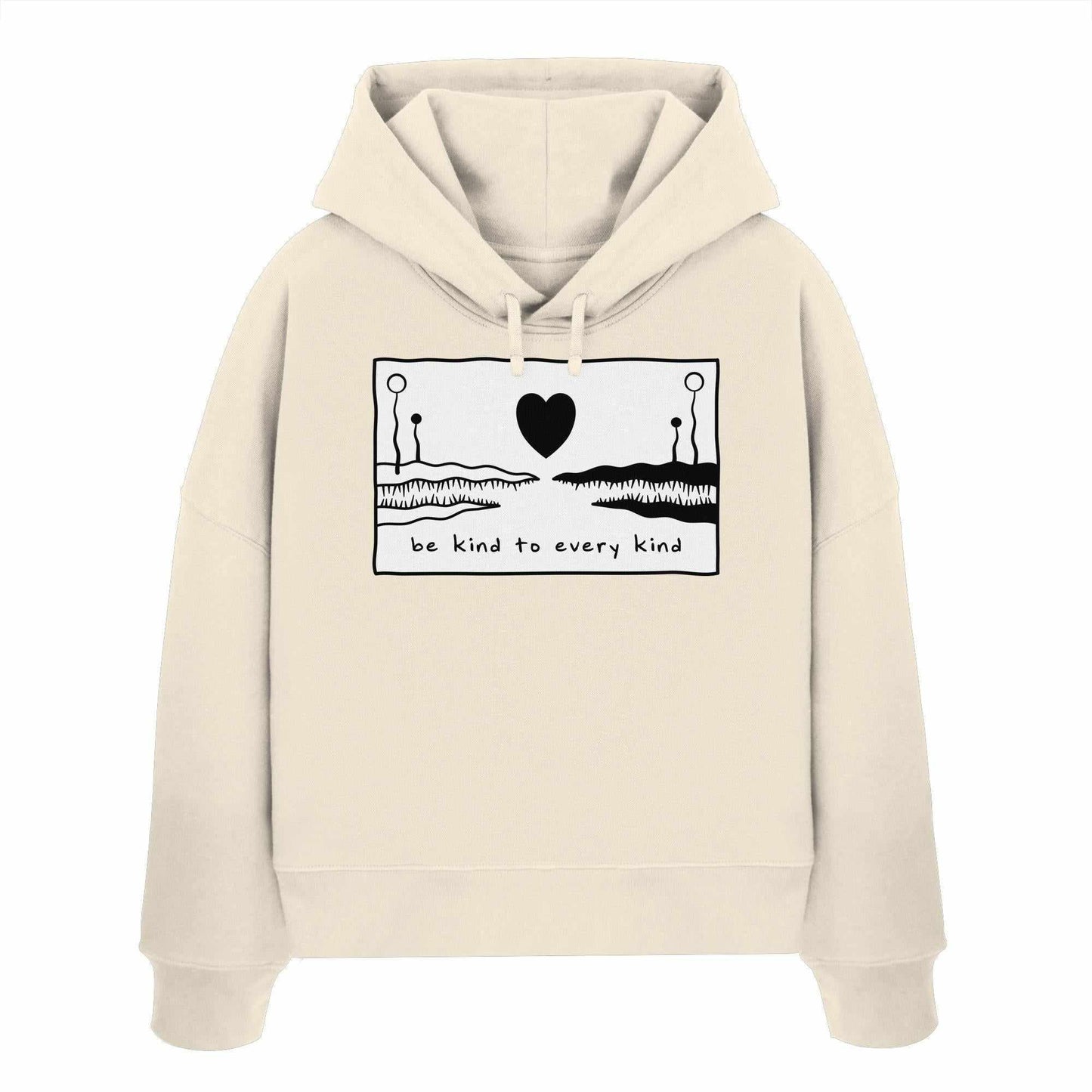 Vegan und Bio Crop Hoodie Be kind to every kind aus 100% Bio-Baumwolle, weiß mit schwarzem Herz und künstlerischem Design.