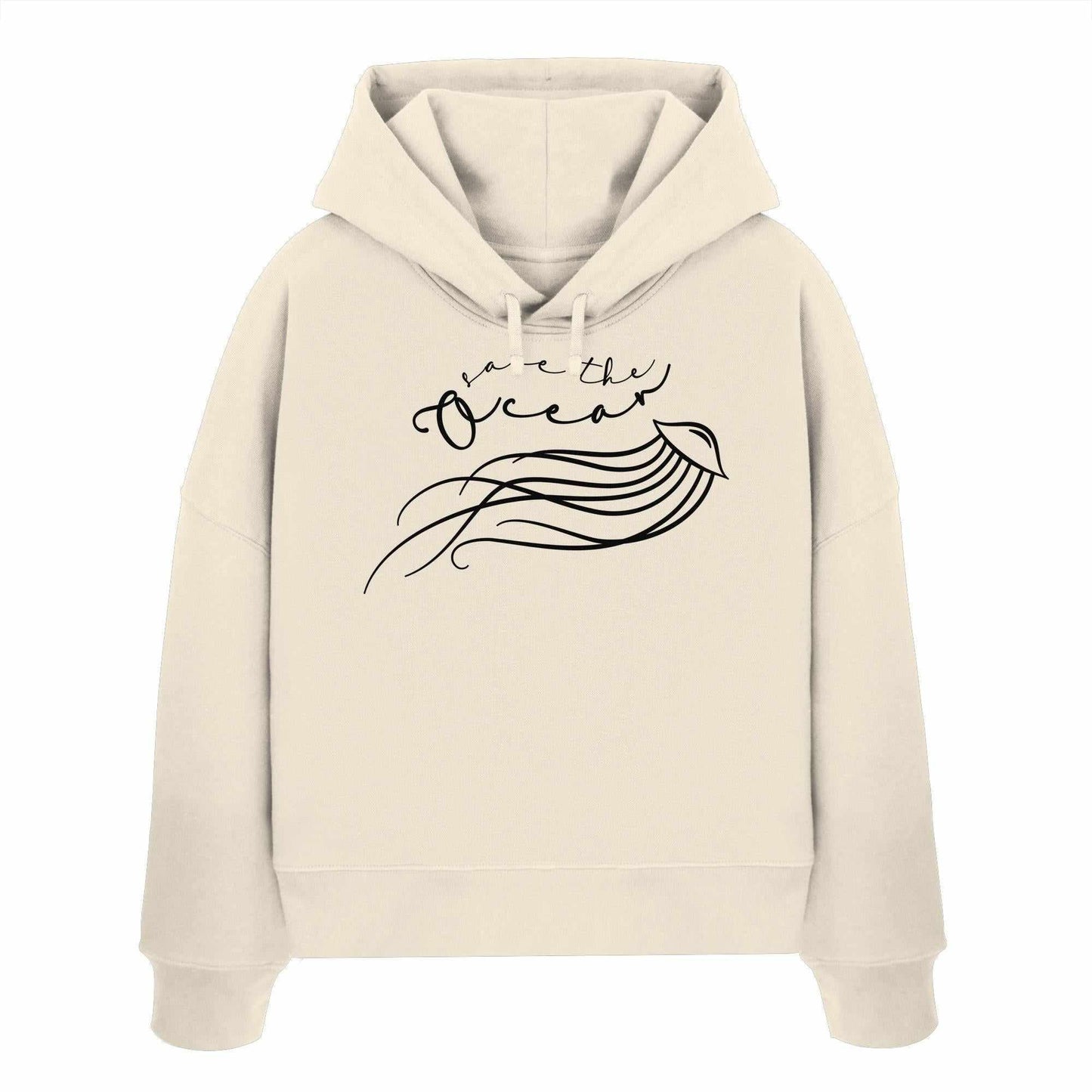 Vegan und Bio Crop Hoodie: Jellyfish - Save the Ocean, weiße Kapuzenoberteil mit schwarzem Quallen-Design und Botschaft zum Meeresschutz, aus 100% Bio-Baumwolle.