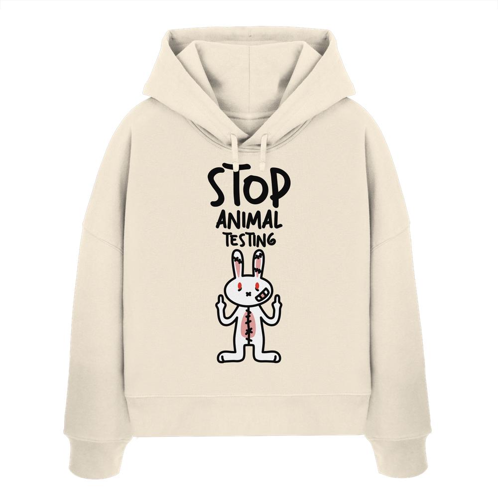 Hellbeiger Crop-Hoodie mit Kapuze und Kordelzug, Hasenprint „STOP ANIMAL TESTING“.
