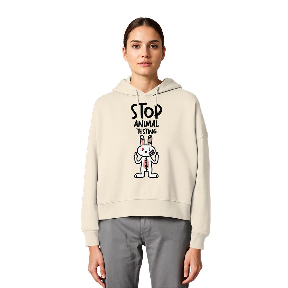 Hellbeiger Crop-Hoodie mit Kapuze und Kordelzug, Hasenmotiv „STOP ANIMAL TESTING“.
