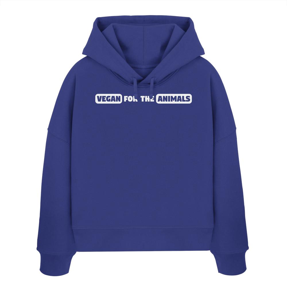 Vegan und Bio Crop Hoodie: VEGAN FOR THE ANIMALS Edition 2, blauer Hoodie mit Slogan, aus 100% Bio-Baumwolle, reguläre Passform, für Tierschutz-Liebhaber.