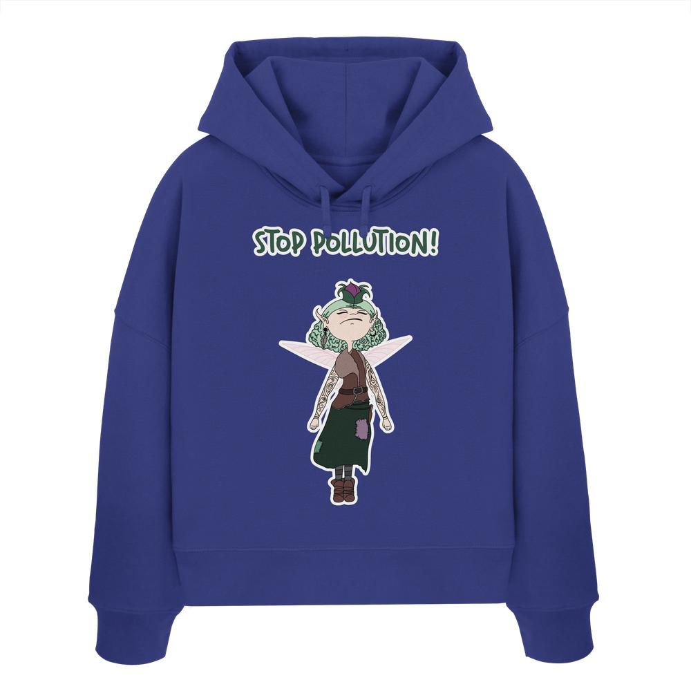 Vegan und Bio Crop Hoodie: STOP POLLUTION! - Krawall Fee mit grünhaariger Fee im Patchwork-Look, ideal für umweltbewusste Rebellinnen.
