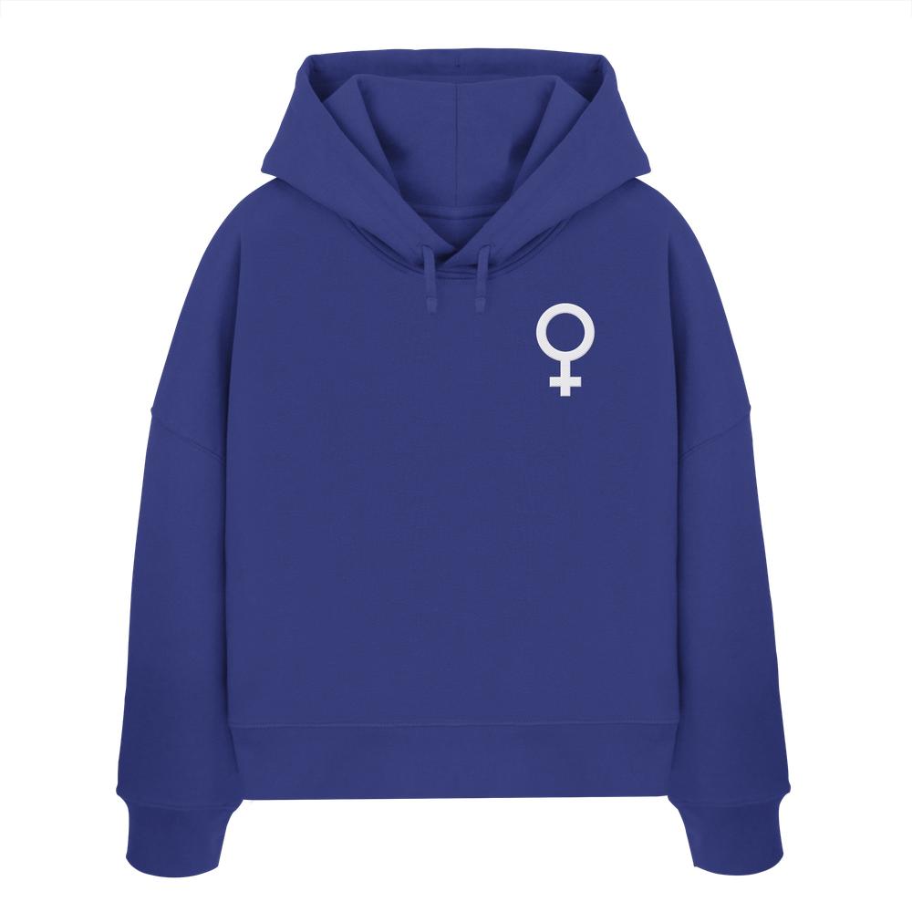 Cobalt-blauer Hoodie mit Venus-Symbol auf Brust, aus Bio-Baumwolle. Symbolisiert feministische Werte. Vegane und nachhaltige Marke RUDE REBEL.