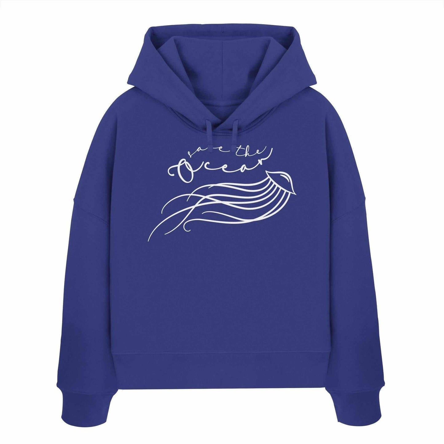 Blauer Bio-Hoodie mit Quallen-Design und Save the Ocean-Aufdruck, symbolisiert Naturschutzengagement.