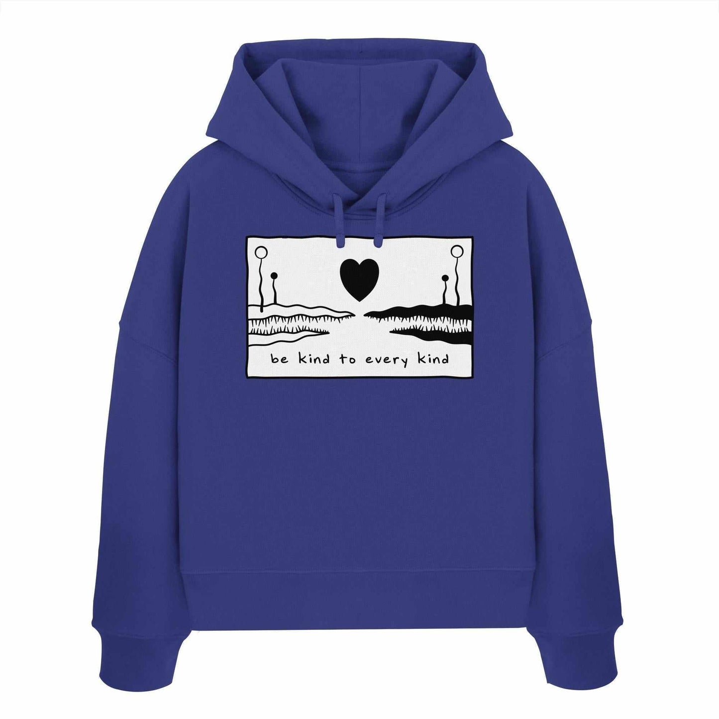 Vegan und Bio Crop Hoodie: Be kind to every kind, mit weißem Herz und schwarzem Krokodil-Design auf blauem Hintergrund, aus 100% Bio-Baumwolle.