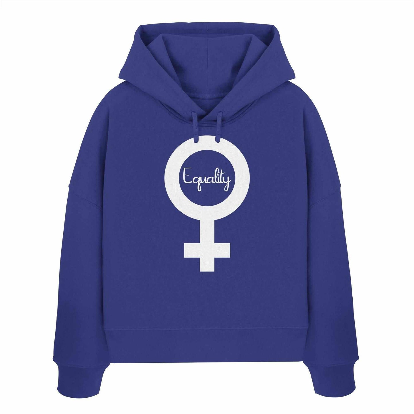 Vegan und Bio Crop Hoodie: Feminismus - Der Kampf um Gleichberechtigung, blauer Hoodie mit weißem Symbol, aus 100% Bio-Baumwolle, doppellagige Kapuze, Regular Fit.