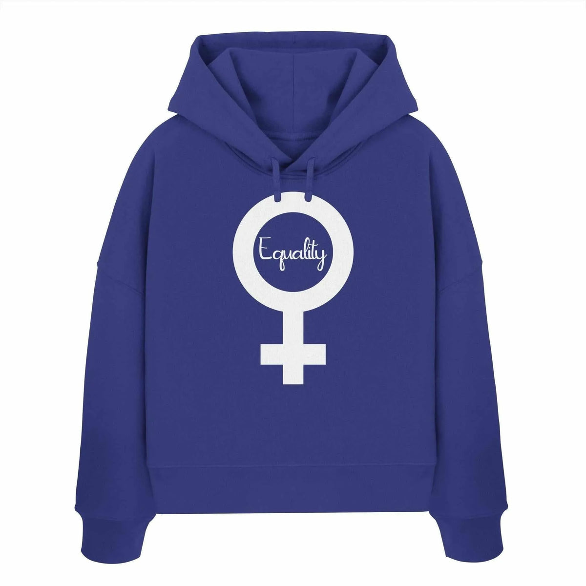 Crop-Hoodie in Königsblau mit Kapuze und Kordel; großer Equality-Symbol-Druck vorn