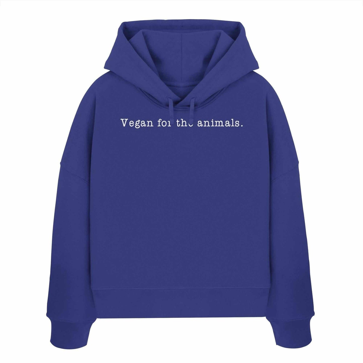 Vegan und Bio Crop Hoodie: Minimalism Design - Vegan for the animals. Blaue Kapuze mit weißem Text, Bio-Baumwolle, doppellagige Kapuze, flache Kordel, abfallende Schultern.